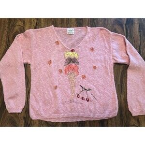 Vtg Kunky's Knit Sweater Pink Hand Painted Ice Cream Cherries Summer Sz M (?)